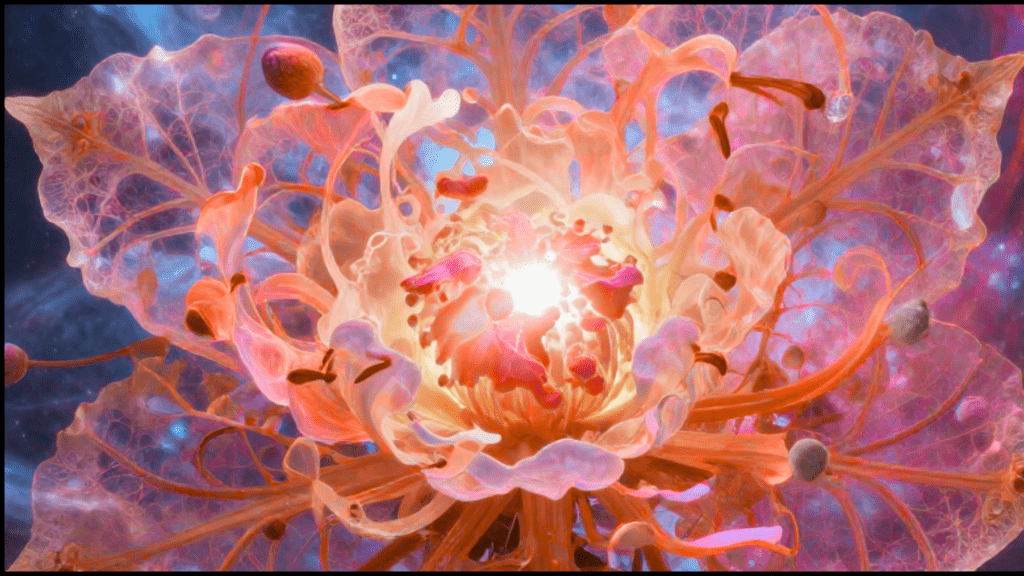 Flor Maestria — Trembleya parviflora em aquarela, tons de vermelho, rosa, azul e lilás